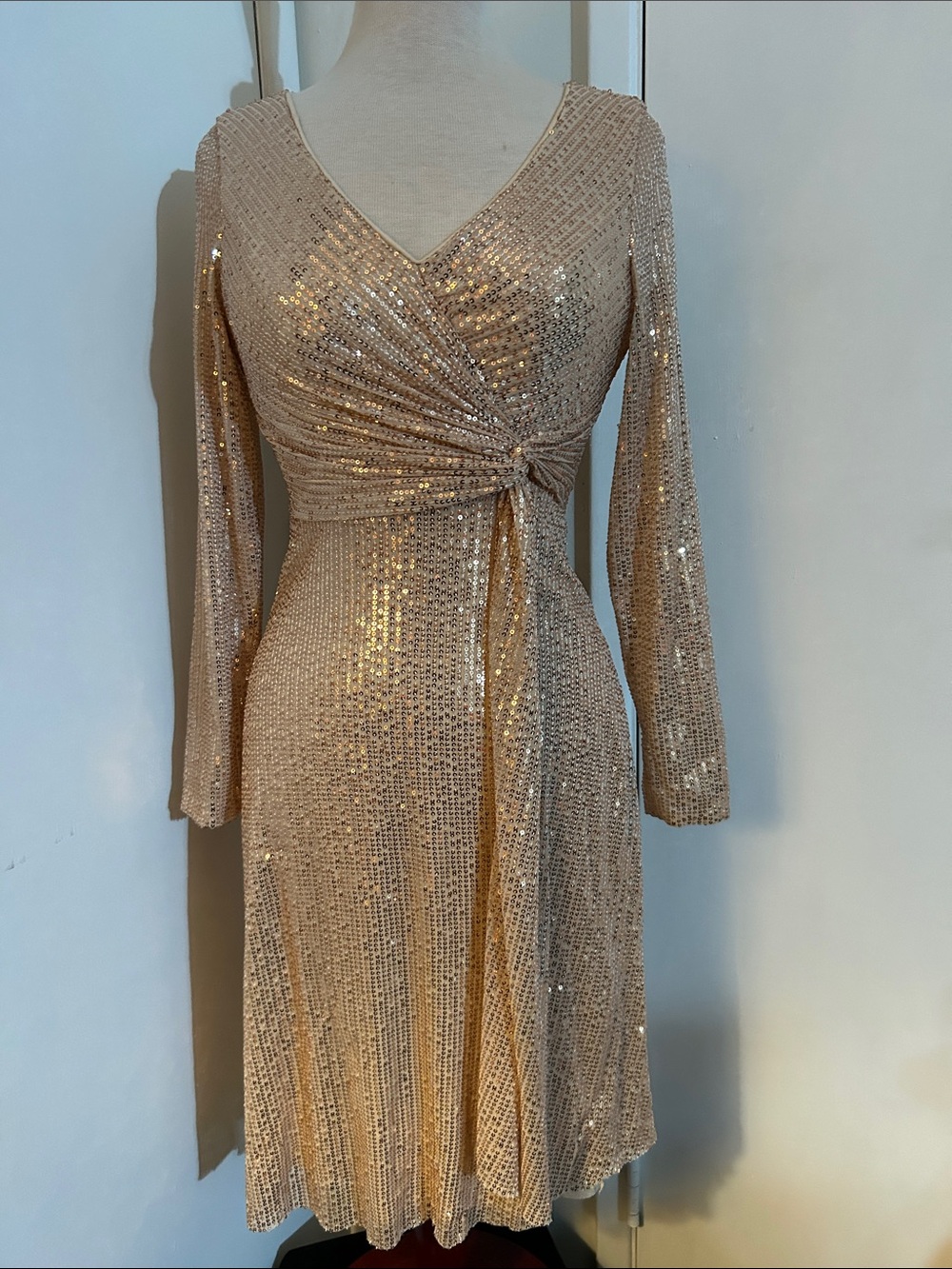 Long Sleeve Sequin Wrap Dress in Champagne